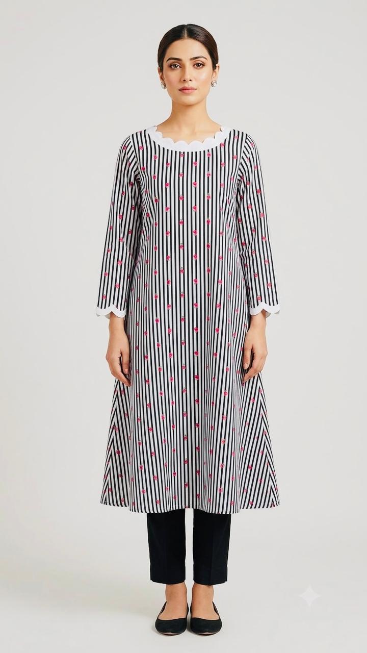 Black & White Floral Striped Straight Kurta for Women | Ethnic Wear