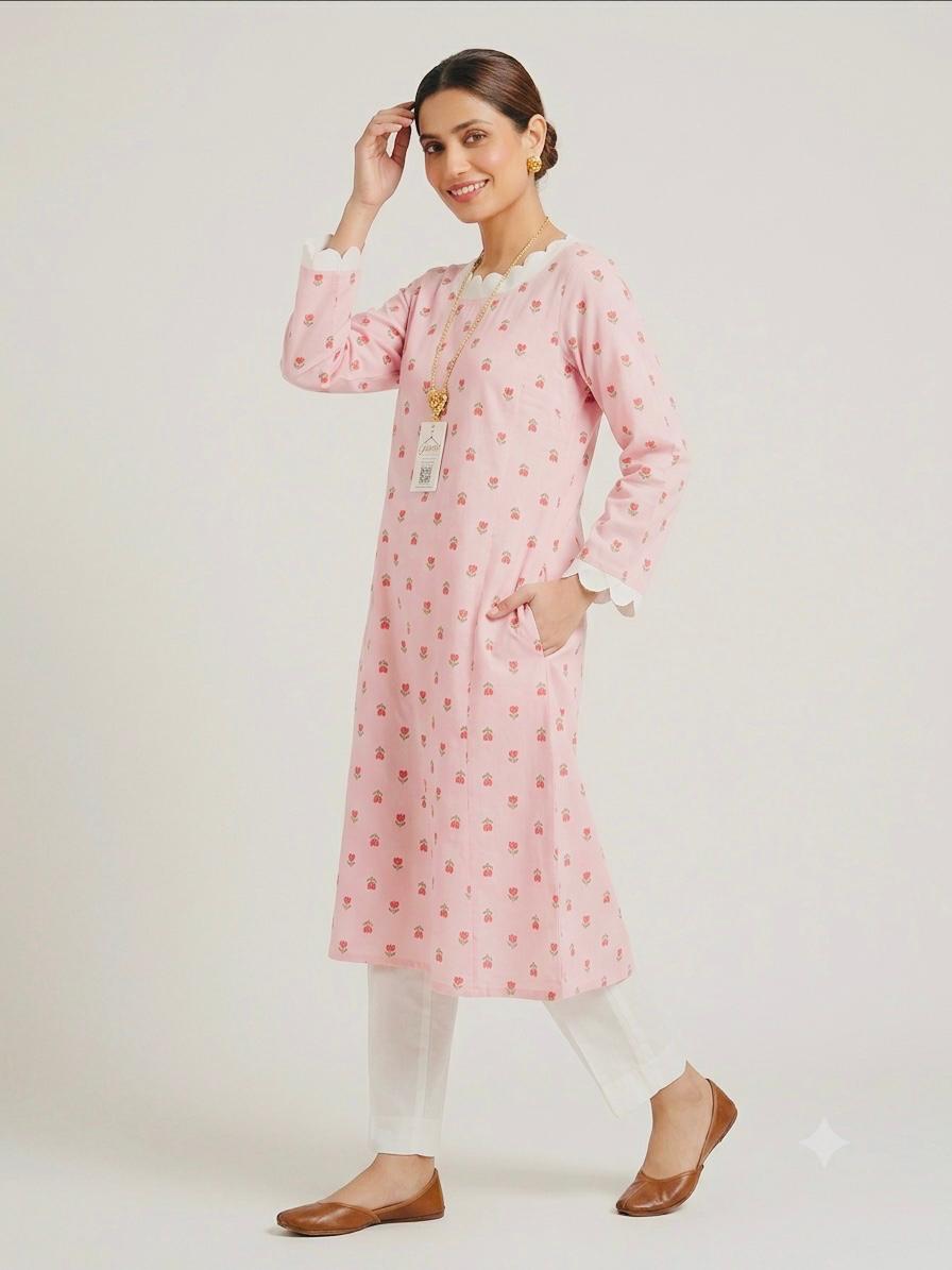 Blush Pink Floral Printed Straight Kurta for Women | Elegant Ethnic Wear