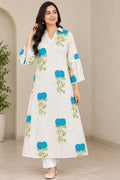 Floral Print Collared A-Line Kurta Set in Off-White & Turquoise
