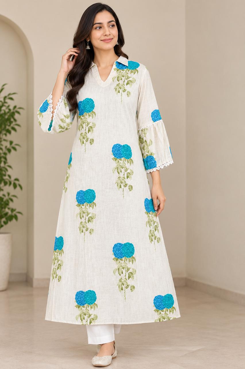 Floral Print Collared A-Line Kurta Set in Off-White & Turquoise