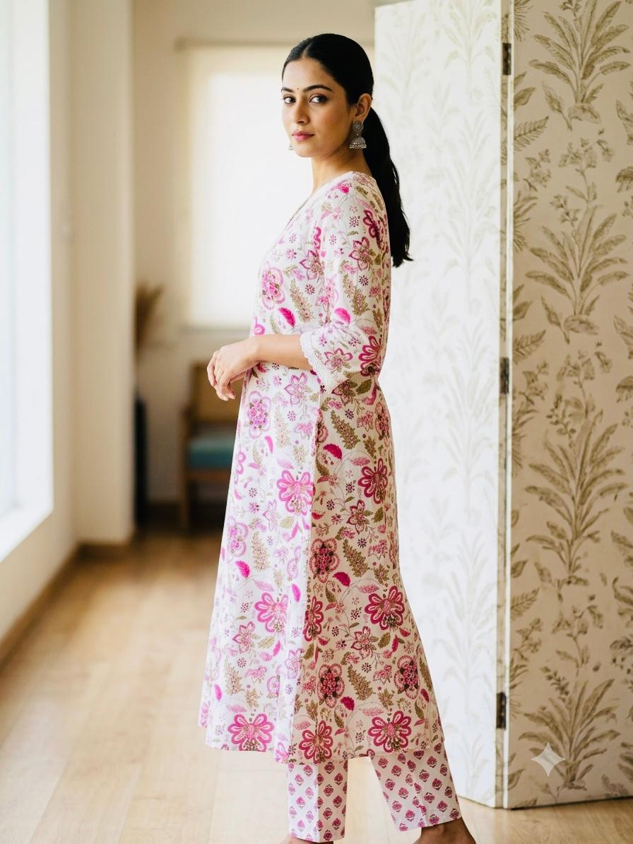 Floral Printed A-Line Cotton Kurta Set