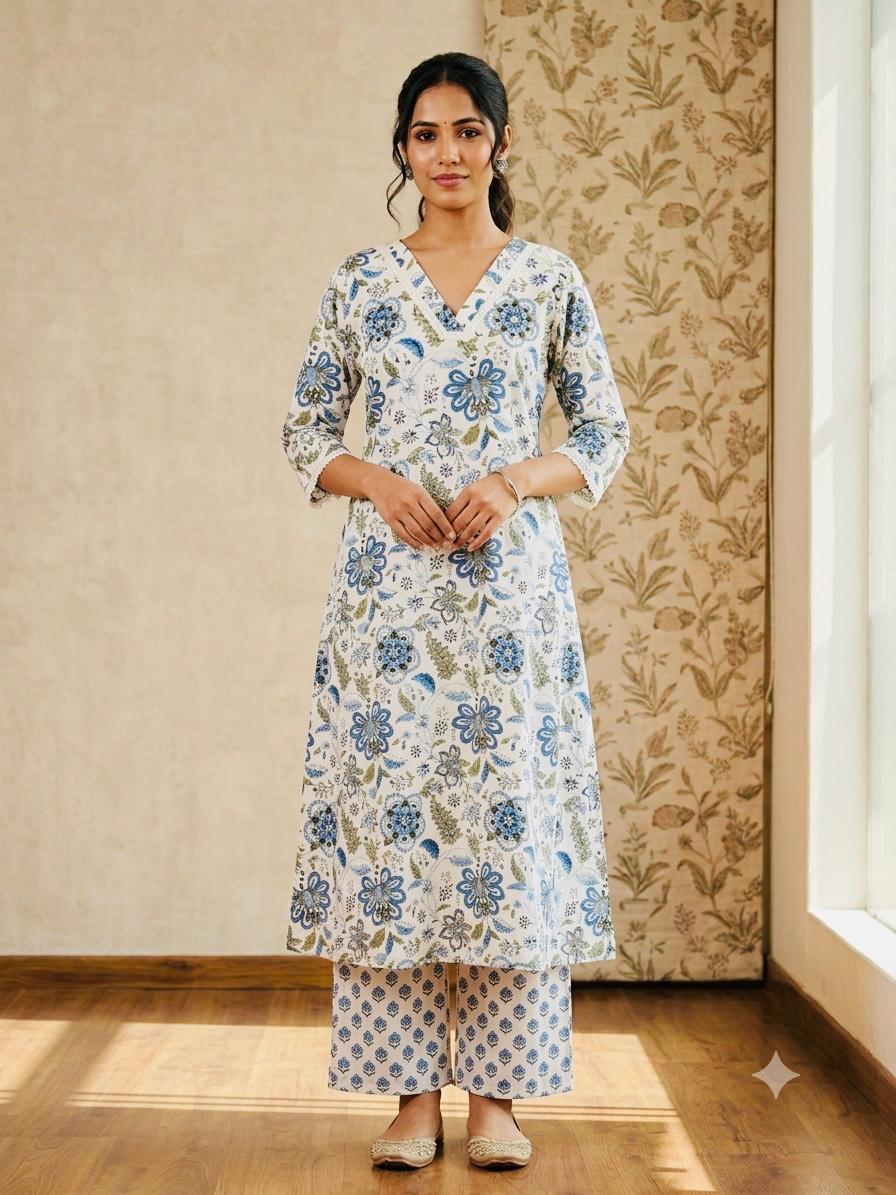 Floral Printed A-Line Cotton Kurta Set