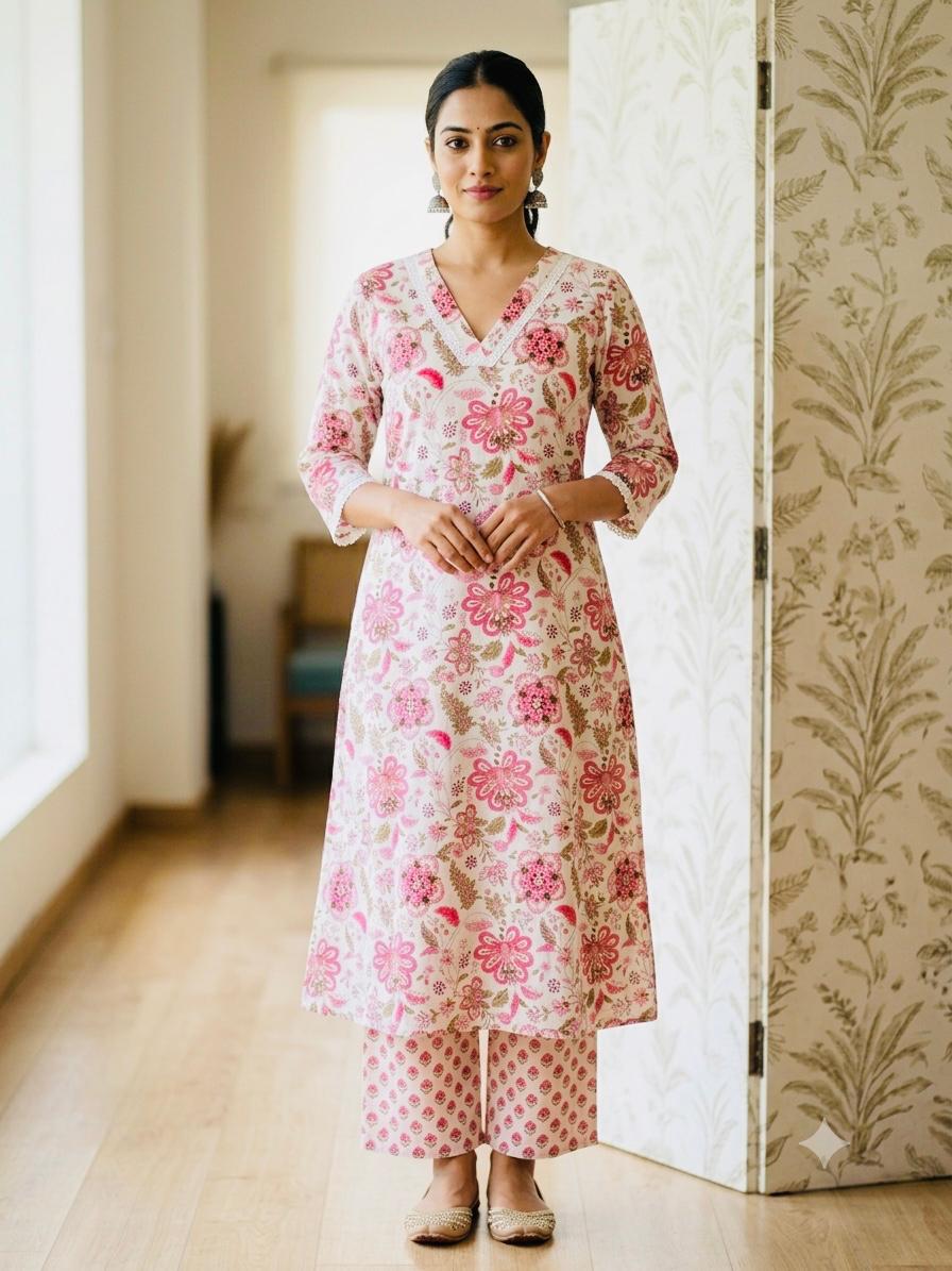 Floral Printed A-Line Cotton Kurta Set