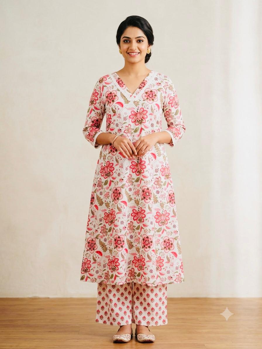 Floral Printed A-Line Cotton Kurta Set