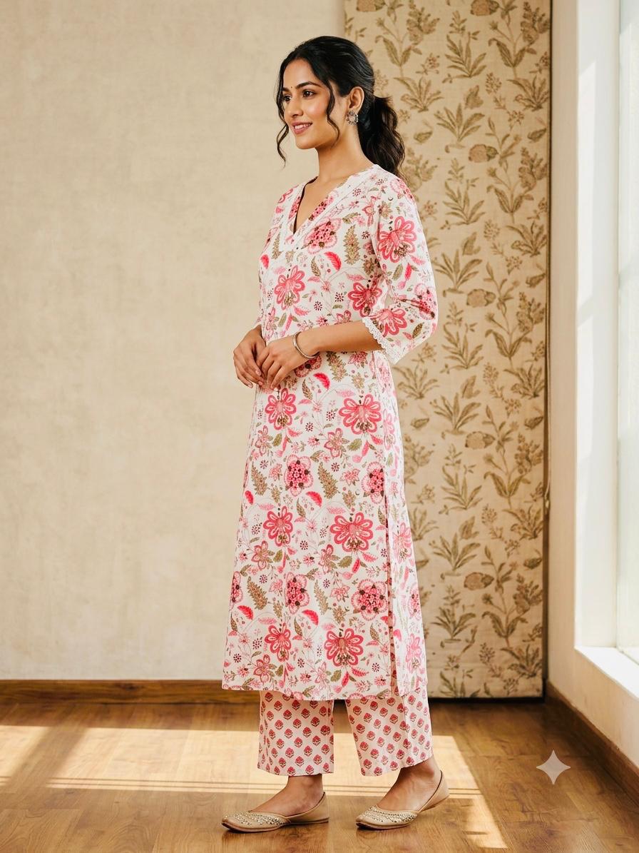Floral Printed A-Line Cotton Kurta Set