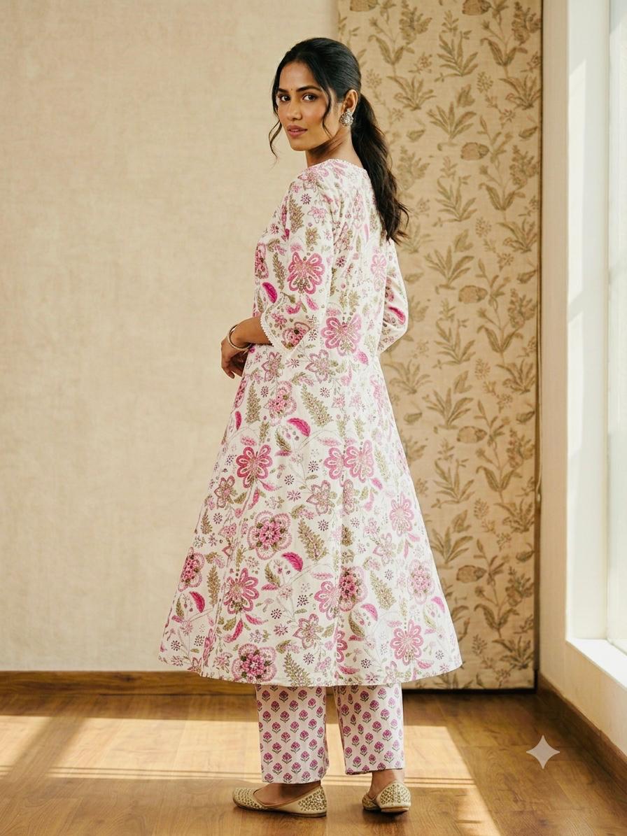 Floral Printed A-Line Cotton Kurta Set