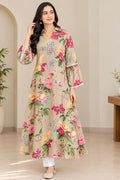 Multi-Floral Print Collared A-Line Kurta Set in Beige & Pink
