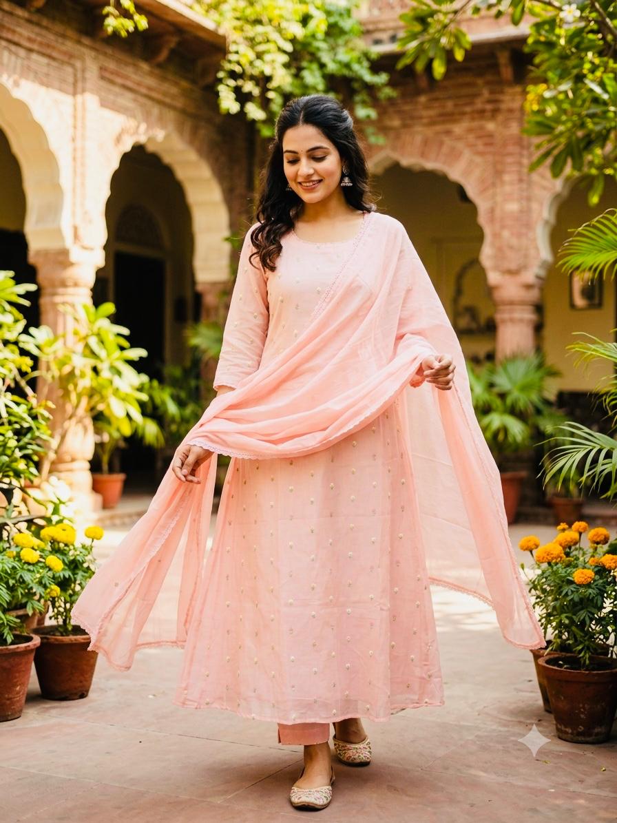 Peach Pink Mal Cotton Suit Set with Matching Dupatta