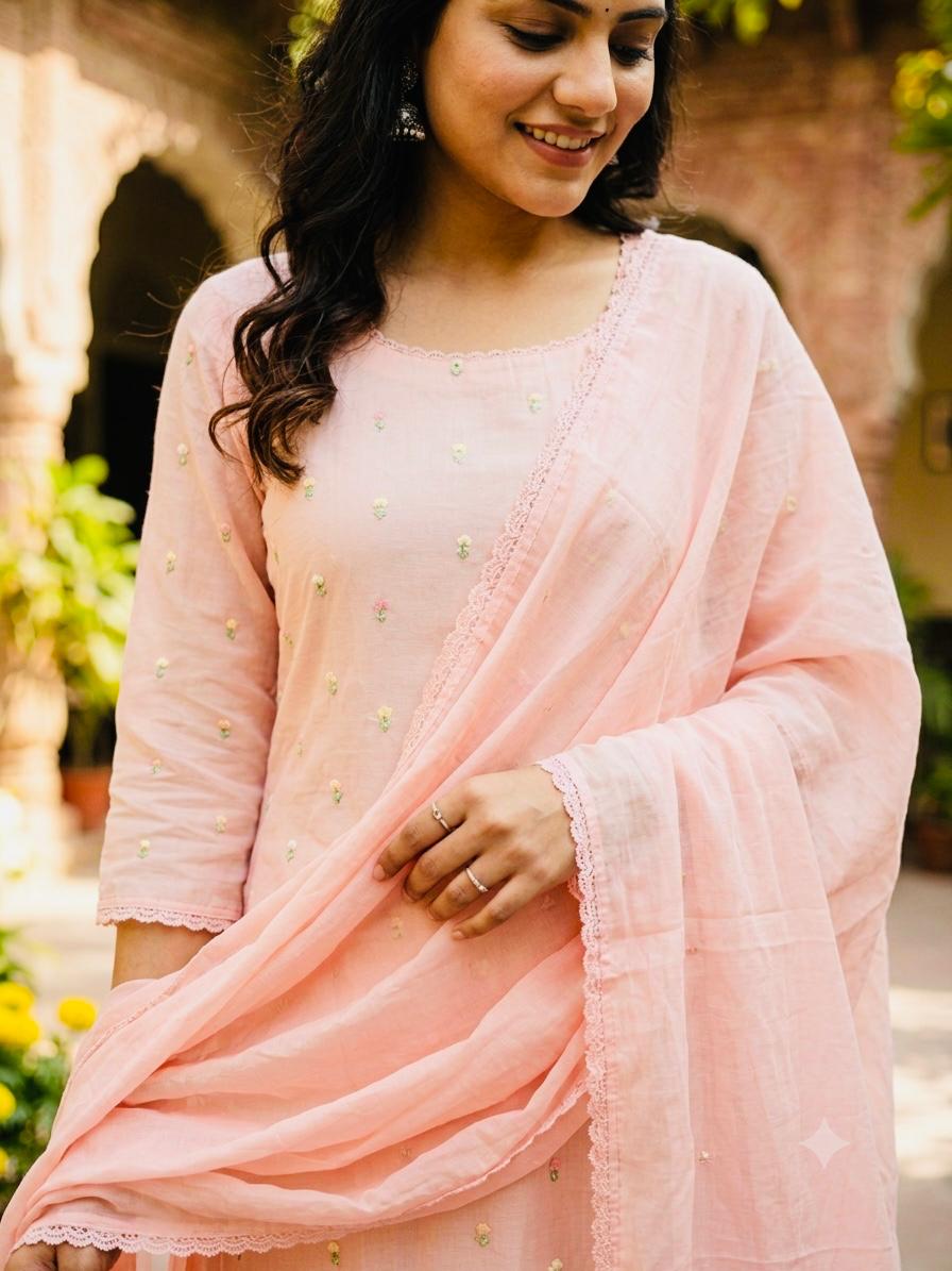 Peach Pink Mal Cotton Suit Set with Matching Dupatta