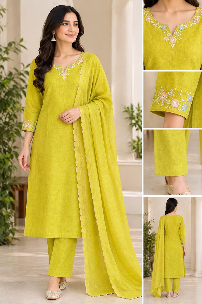 Semi Linen Cotton Salwar Set.Top, Pant and Duppatta Yellow