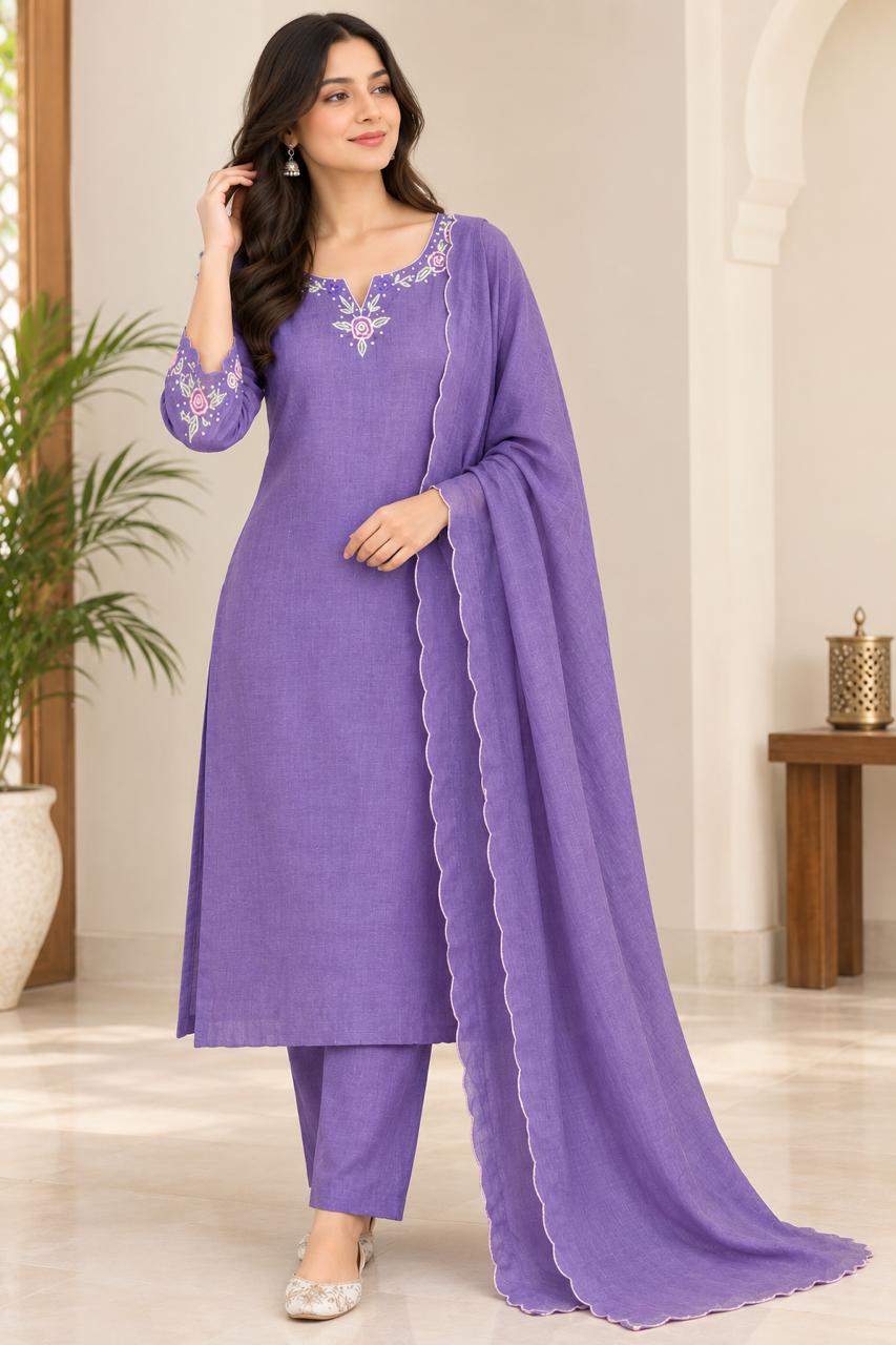 Semi Linen Cotton Salwar Set.Top, Pant and Duppatta Lavender